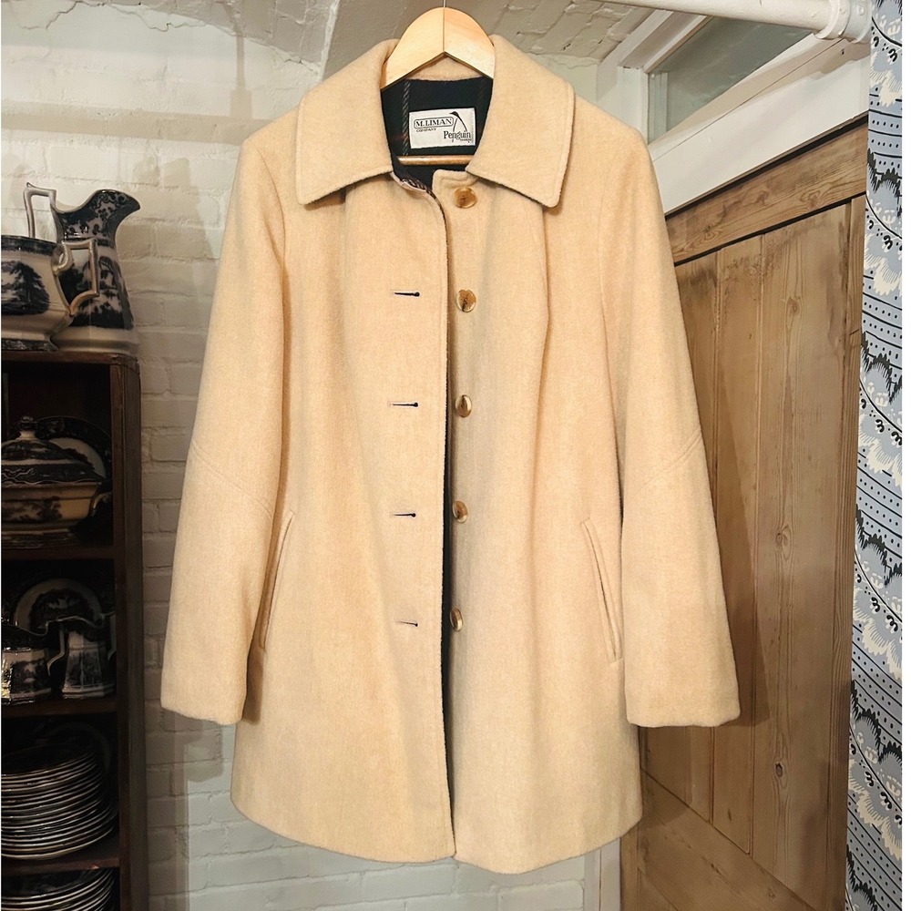 Vintage M. Liman Penguin Wool Cream Plaid Mid-Length Coat Jacket Size 12 Medium
